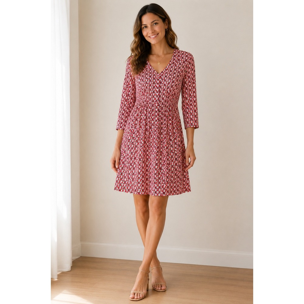 Boden Red Geometric Floral 100% Silk V-Neck 3/4 Sleeve Dress US 8R UK 12R